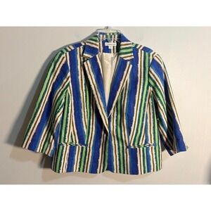 Coldwater Creek Blue Green Striped Cotton Blazer Jacket 3/4 Sleeve Size 18